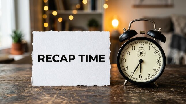 Black vintage alarm clock sits next to a white paper sign reading recap time text