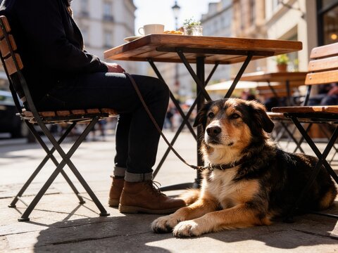 Loyal dog lying under cafe table next to owner legs outdoors suitable for pet friendly restaurant city lifestyle and hospitality business marketing