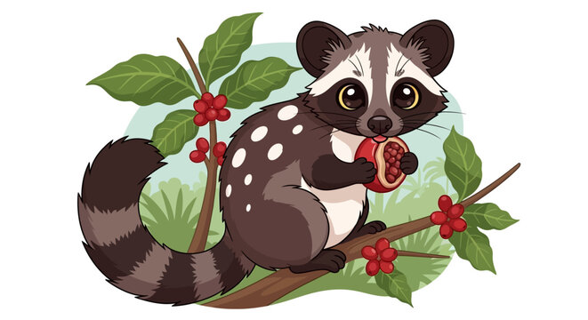 Adorable civet cat sitting on a tree branch and eating a coffee cherry, showcasing the animal's spotted fur and bushy tail in a vibrant illustration