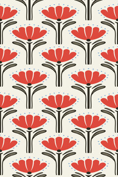 Seamless mid-century modern floral pattern with bold red flowers