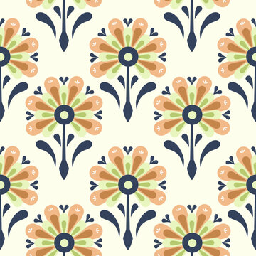 Seamless Scandinavian folk floral pattern with daisy motifs on cream
