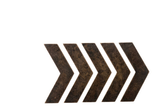 Weathered metallic chevron symbols with rustic brown textures and vintage industrial patina arranged in a parallel horizontal sequence pointing right isolated transparent background image
