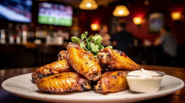 A plate of crispy golden chicken wings with creamy dipping sauce and fresh garnish