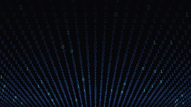 Binary code data matrix digits flowing in perspective lines with blue glowing numbers for digital network and cyber security visualization.