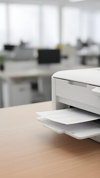 Paper emerging from printer in modern office with copy space