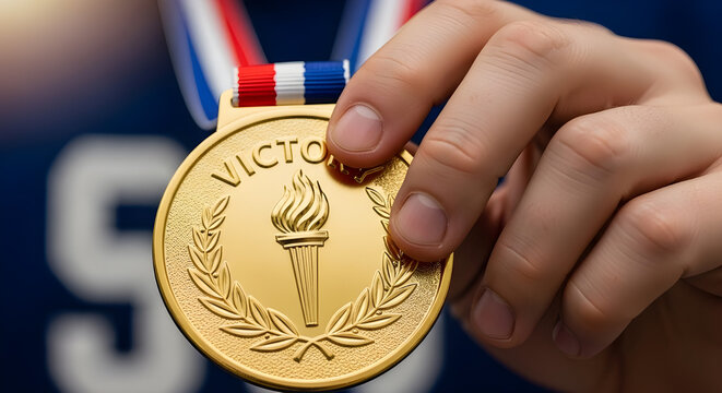 Athlete holding sports medal after competition victory. Achievement success celebration and motivation in professional sport career.