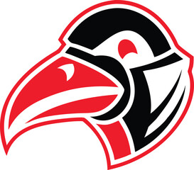 Obraz premium Vibrant black and red toucan or hornbill bird head illustration in a modern bold aggressive style for sports teams or brand identity