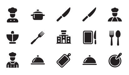Set of kitchenware icons featuring chef hats pots knives cutlery and food serving domes. © MD.RAHIM