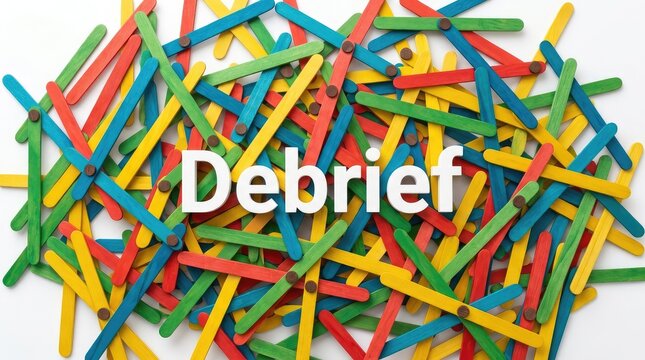 White debrief text overlaying a chaotic jumble of brightly colored wooden craft sticks on white
