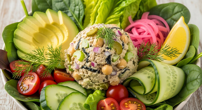 Chickpea Tuna Bowl With Dill Pickles And Avocado Vegan