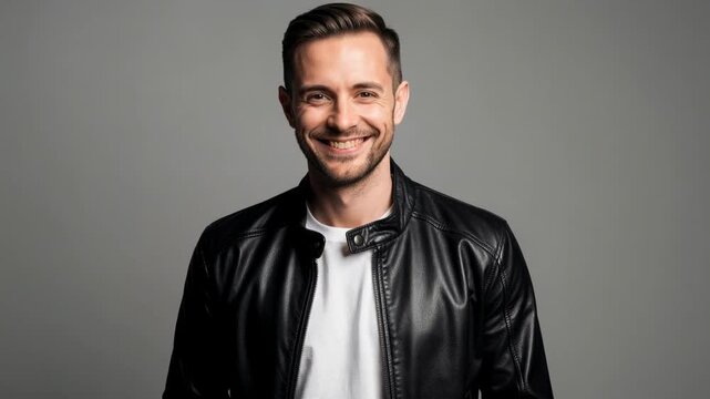Confident man wearing sleek black leather jacket and white shirt standing with attitude