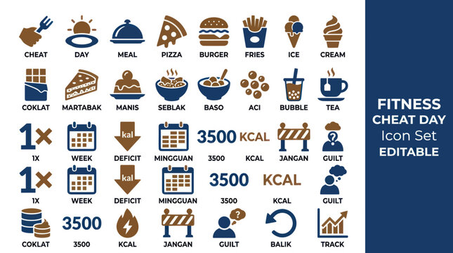 Fitness Cheat Day Icons: Healthy Lifestyle, Diet, Food, Exercise & Motivation