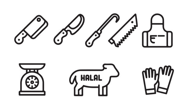 Butcher equipment icon set featuring knives saw scale apron and protective gear outline.