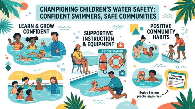 Infographic titled 'Water Swimming Safety Rules' with cartoon children and a lifeguard in a pool setting with safety icons and rules.