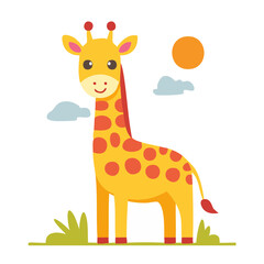 Obraz premium Cute cartoon giraffe illustration with sun and clouds