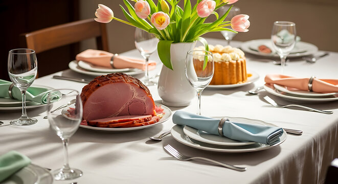 Easter Brunch Dinner Table Glazed Ham Deviled Eggs Hot Cross Buns Spring Flowers