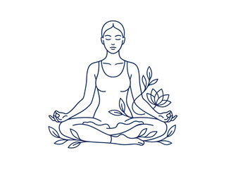 Obraz premium Woman meditating in lotus pose with natural elements.