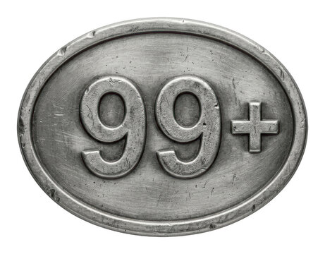 Weathered silver metallic oval plaque featuring embossed ninety-nine plus numerical symbols with a scratched vintage texture and industrial aesthetic isolated transparent background image