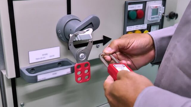 Industrial technician applying a Lockout Tagout safety padlock to an electrical isolation device after disconnecting power, ensuring hazardous energy control before maintenance work in a manufacturing