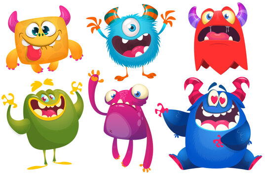 Happy cartoon monsters with different face expressions. Set of cartoon vector funny and scary monsters characters design isolated on white