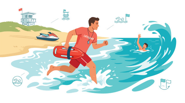 Illustration of a lifeguard running into the ocean with a rescue tube to save a swimmer in distress on a sunny beach day.
