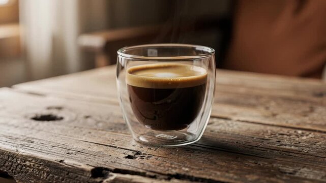 Steaming cup of espresso on rustic wooden table with soft morning light cozy coffee scene
