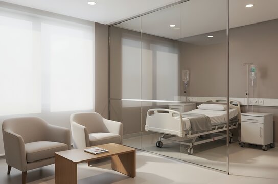 Hospital room with glass partition and modern medical furnishings