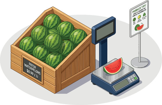 Isometric view of a wooden produce display crate filled with fresh watermelons at a market