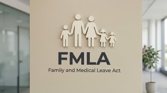 Three dimensional family icon with fmla text displayed on a clean beige office wall surface