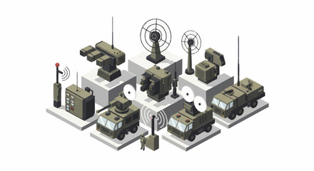 Military radar and communication equipment collection isometric illustration. © Vario