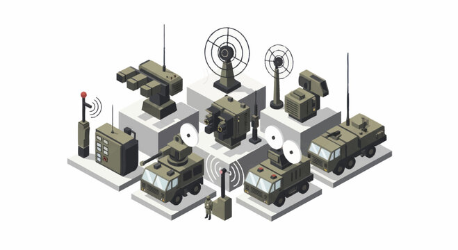 Military radar and communication equipment collection isometric illustration.