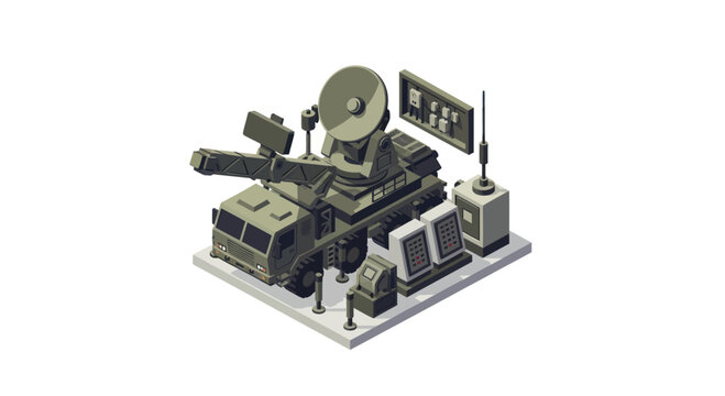 Military radar station with artillery gun and communication equipment.