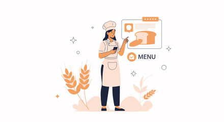 Obraz premium Baker using smartphone to check menu and bread selection online, flat illustration