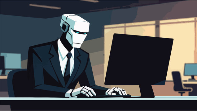 Robot in suit with blue eyes working on computer in office.