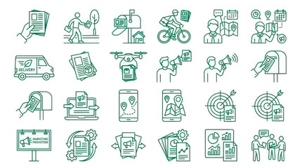 Fototapeta premium Delivery and Marketing Icons Set: Mail, Drone, Van, Bicycle, Megaphone, Target, Map