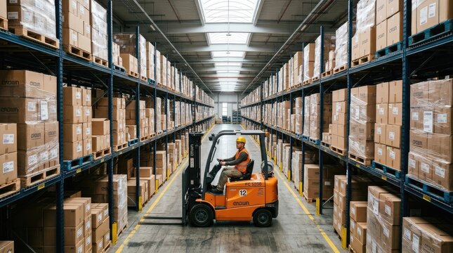 Skilled forklift operator drives an orange vehicle through a massive warehouse filled with stacked cardboard boxes