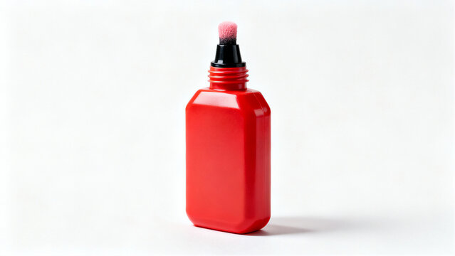 A rectangular red bingo dauber marker with black neck and pink sponge tip standing upright on white surface.