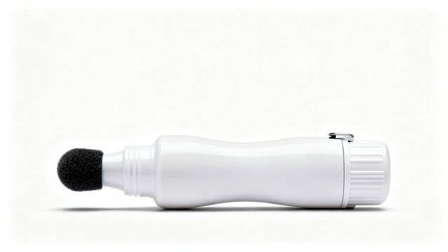 A white bingo dauber marker with a black sponge tip lying horizontally on a clean white surface background.