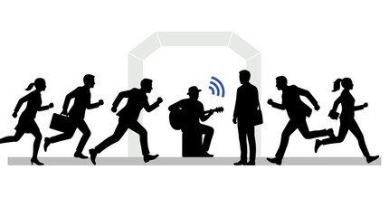 Obraz premium Commuters Running Past Street Musician Busker in Underground Tunnel Silhouette