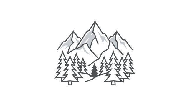Mountain range and evergreen forest landscape line art illustration.