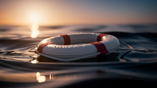 Lifebuoy gently floating on calm ocean waves at sunset with water droplets in peaceful seascape