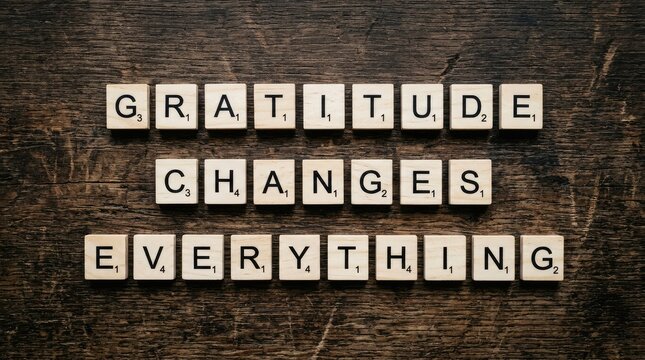 Wooden scrabble tiles spelling out the phrase gratitude changes everything on a rustic dark brown surface