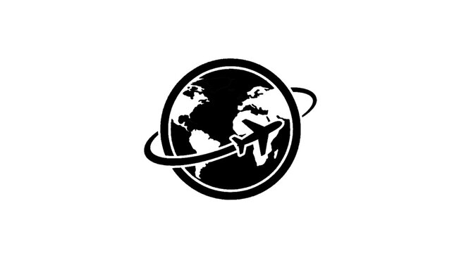 Minimal black silhouette icon, simple flat vector, bold black shape, no gradients, no shading airplane flying around the globe icon on a, flat icon style