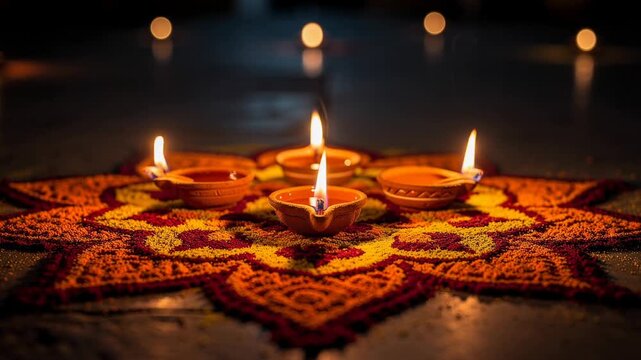 A peaceful evening with traditional clay oil lamps flickering softly on vibrant colorful background