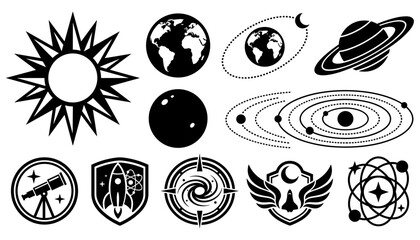 Astronomy and Outer Space Exploration Icons Set with Planets and Rocket © Mst
