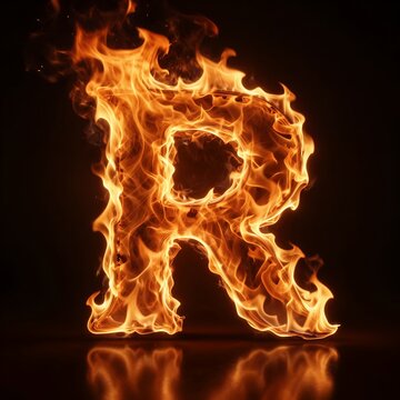 Flaming R letter on dark background, fiery typography symbol