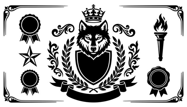 Royal Wolf Heraldic Crest Vignette Element with Crown and Laurel Wreath