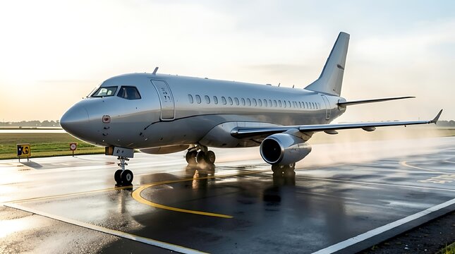 Commercial airplane on a wet runway taxiing after landing at dusk, capturing aviation activity.