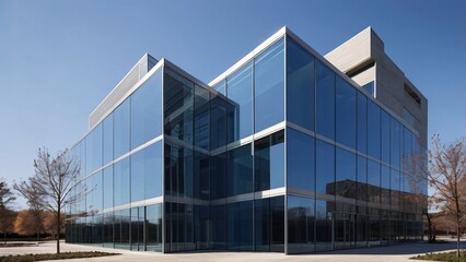Obraz premium Modern glass office building with contemporary architecture and clear blue sky background