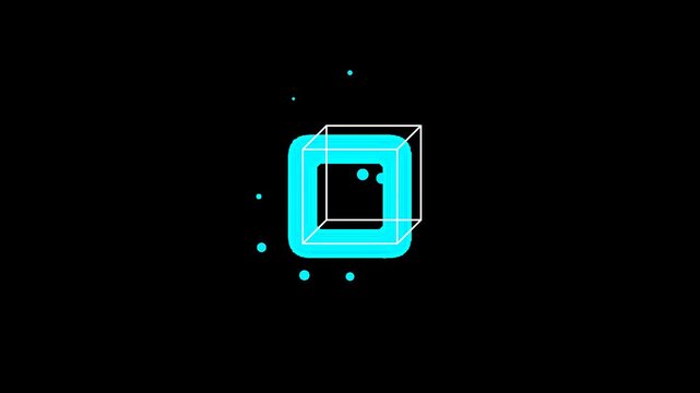Abstract 3D neon blue cube rotating with glowing particles on black background for digital tech concept.